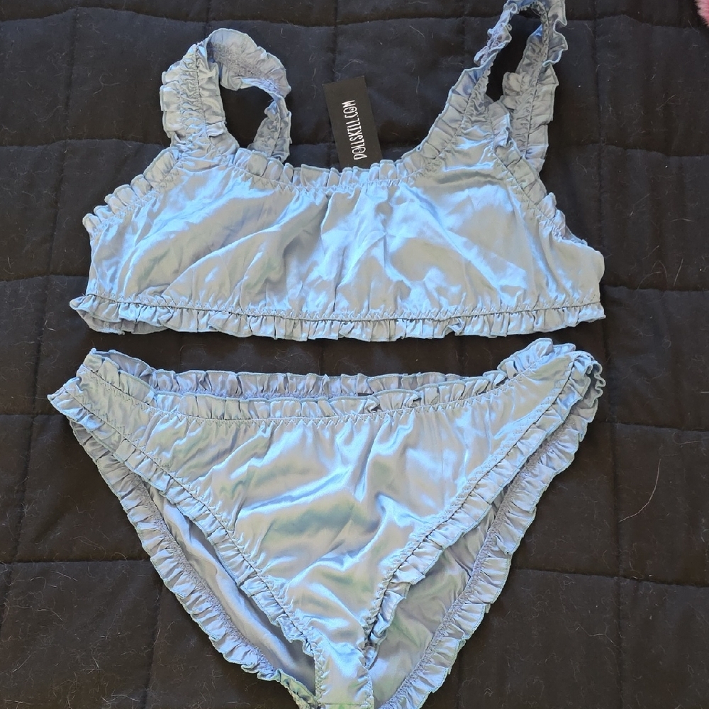 Dolls Kill Light Blue Ruffle Satin Bralette & Bikini Set